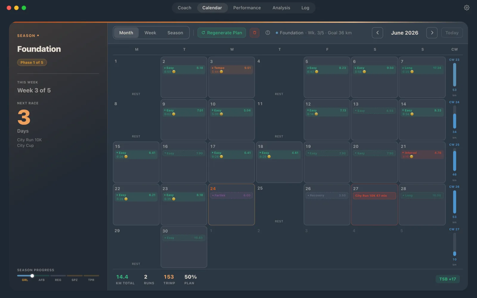 Runnerd calendar on macOS: planned and completed sessions of the season