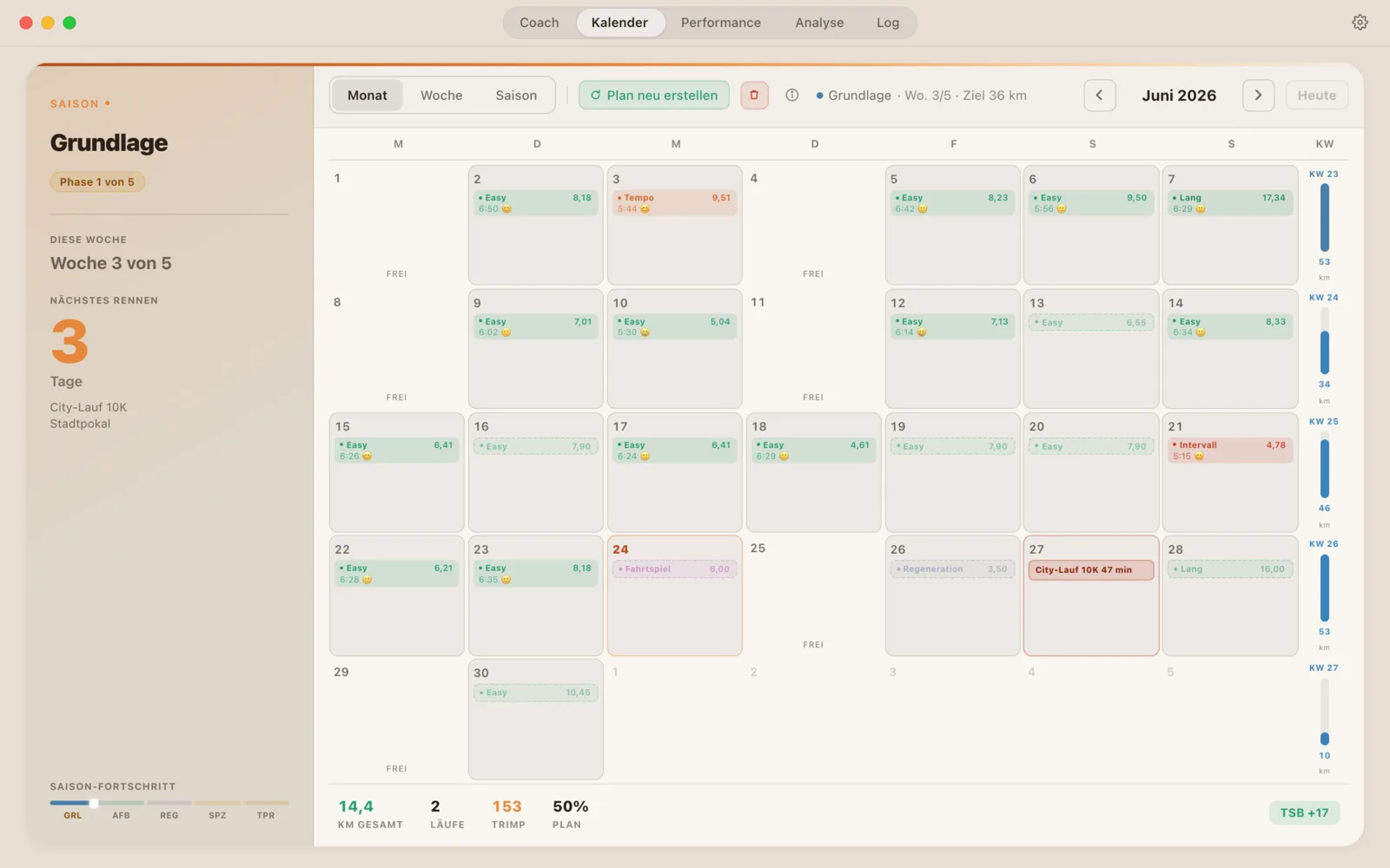 Runnerd Kalender auf macOS: geplante und gelaufene Einheiten der Saison