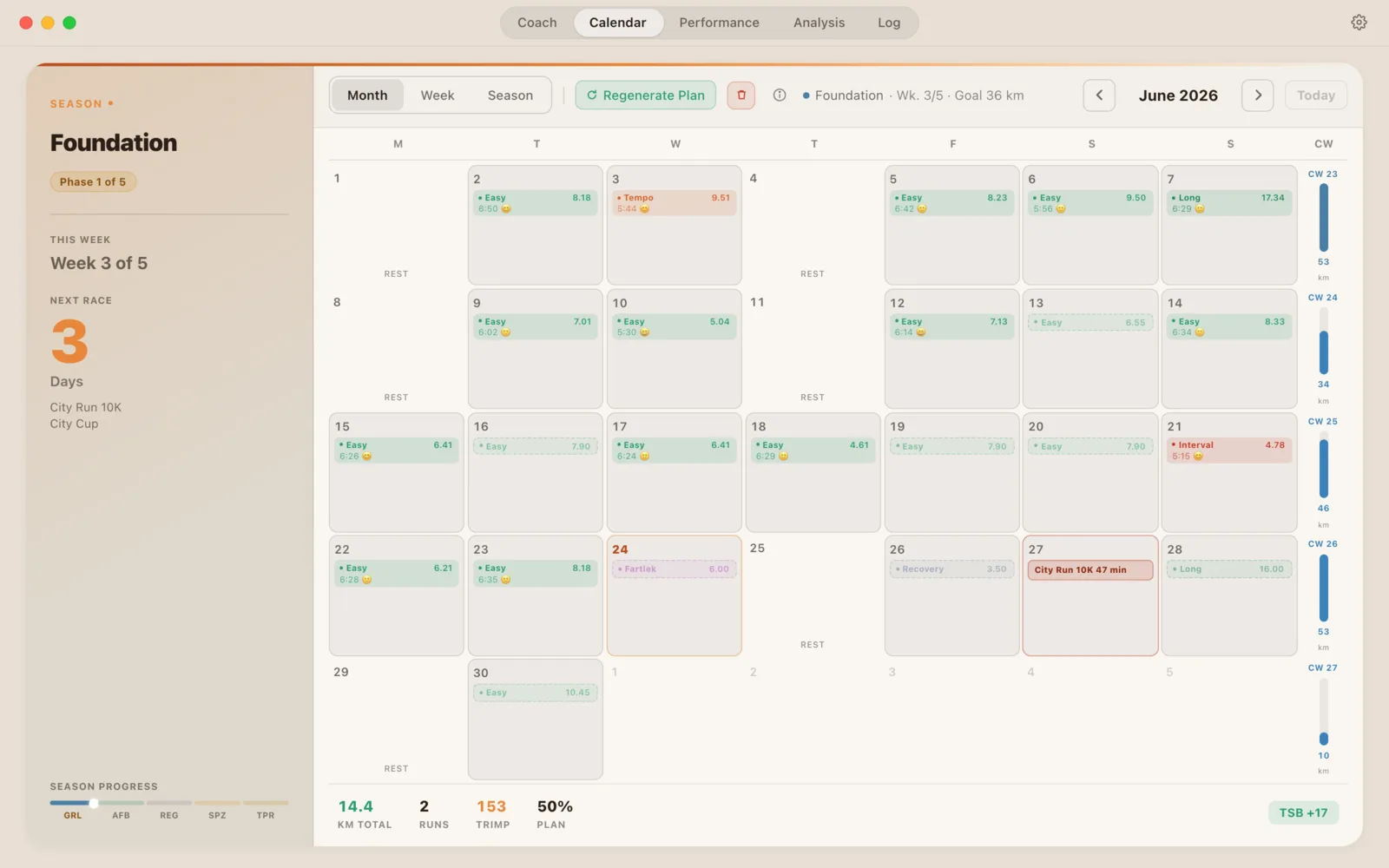Runnerd calendar on macOS: planned and completed sessions of the season