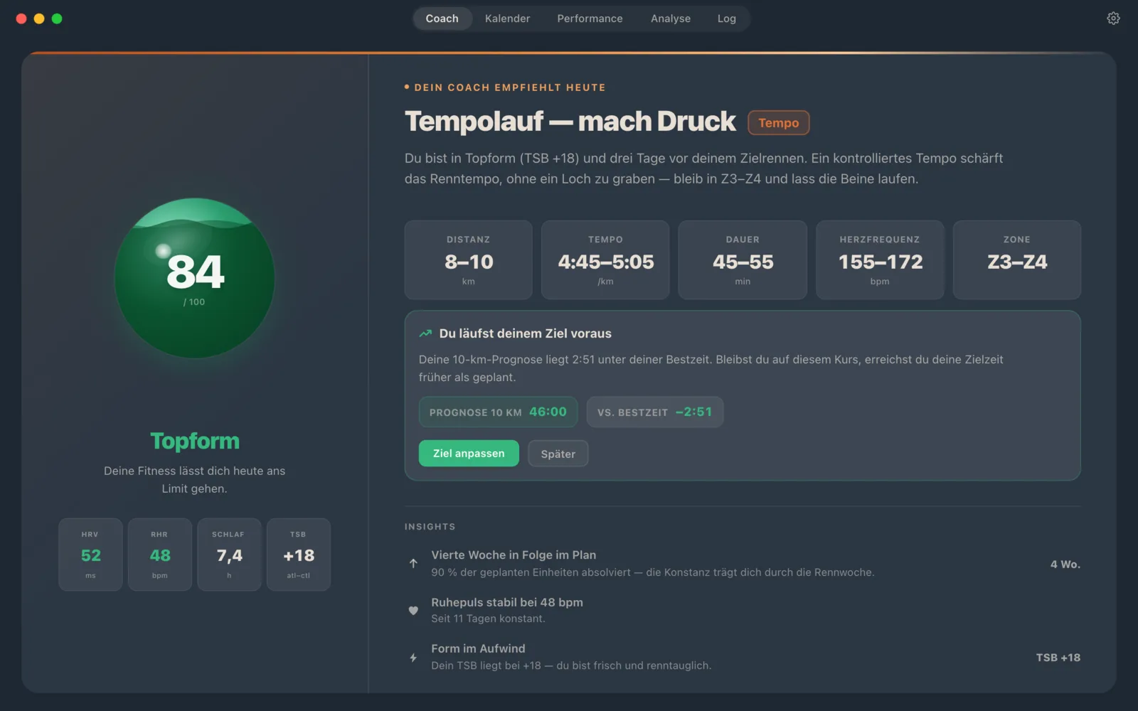 Runnerd auf macOS: Readiness Score 84, Tagesempfehlung Tempolauf und Coach-Insights