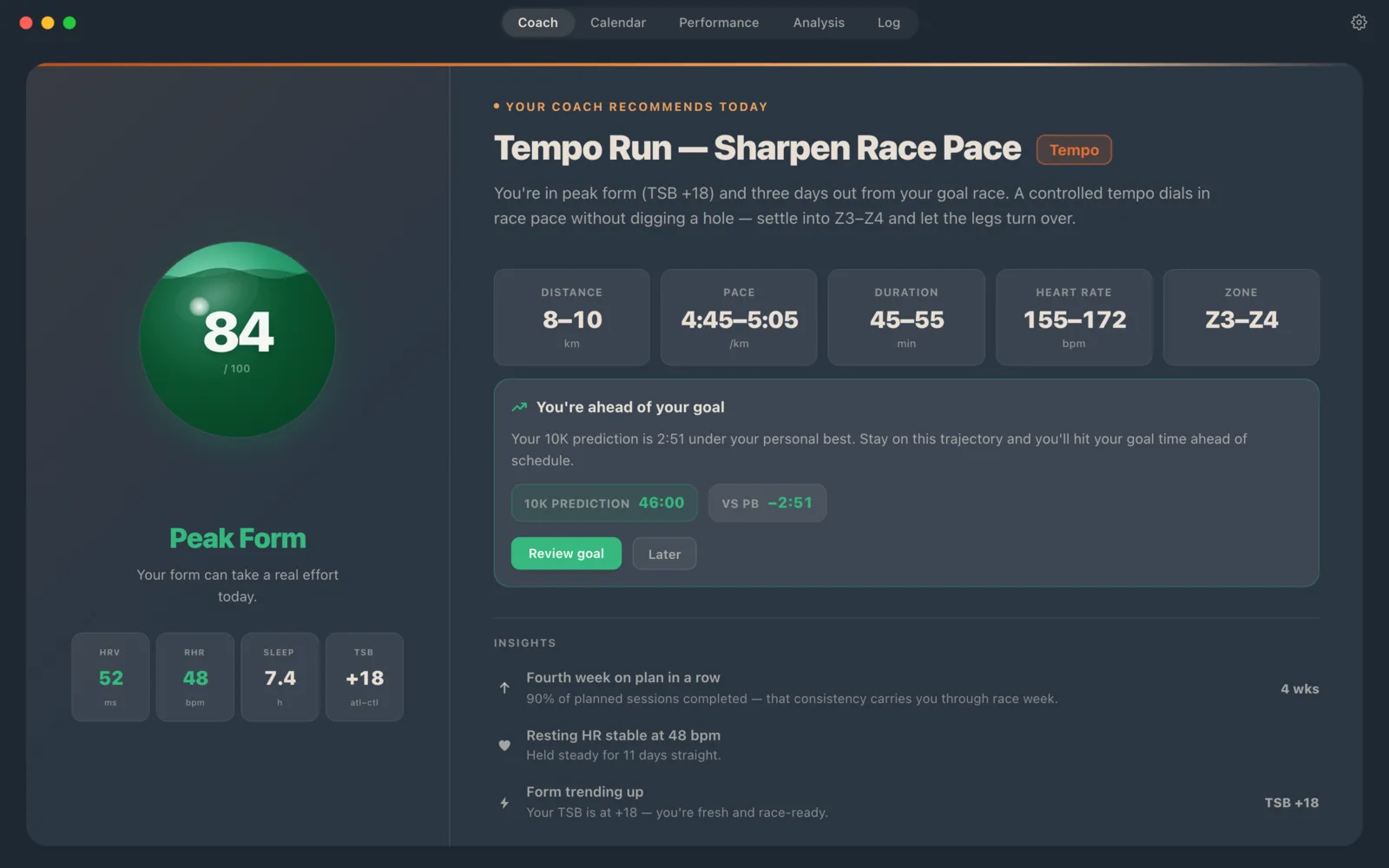 Runnerd on macOS: readiness score 84, today’s tempo run recommendation and coach insights