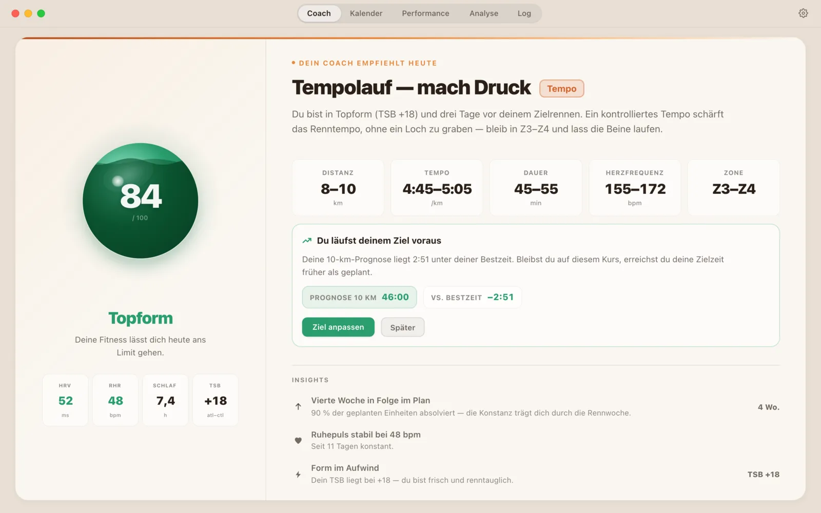 Runnerd auf macOS: Readiness Score 84, Tagesempfehlung Tempolauf und Coach-Insights