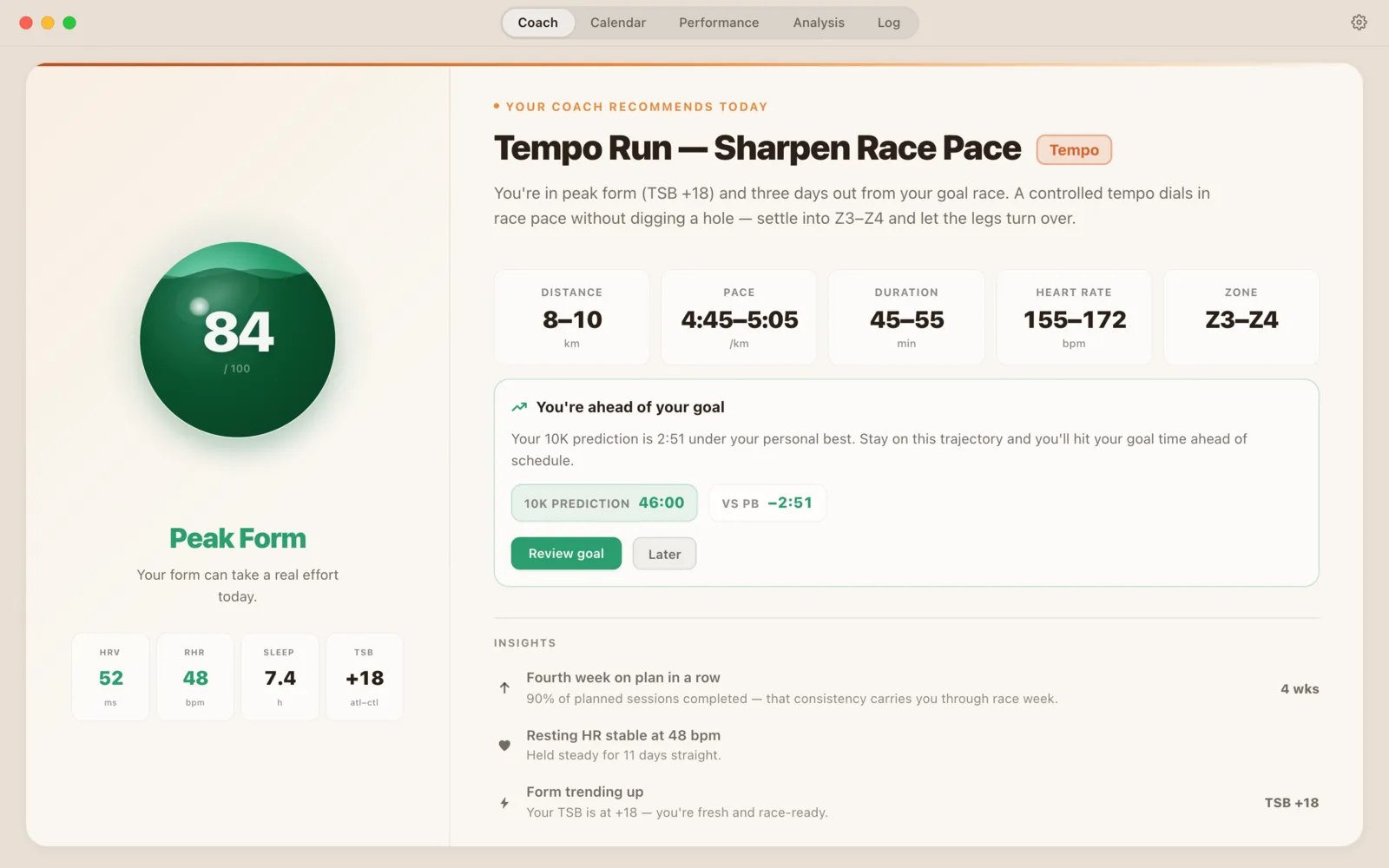 Runnerd on macOS: readiness score 84, today’s tempo run recommendation and coach insights