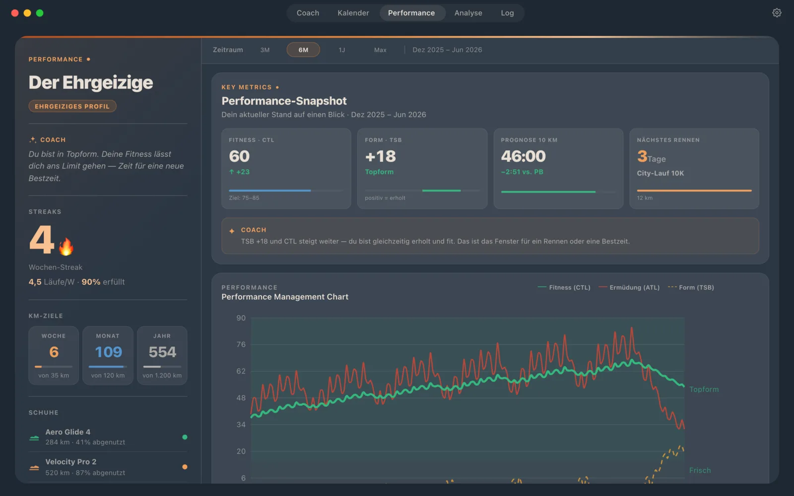 Runnerd auf macOS: Performance Management Chart mit Fitness (CTL), Ermüdung (ATL) und Form (TSB)