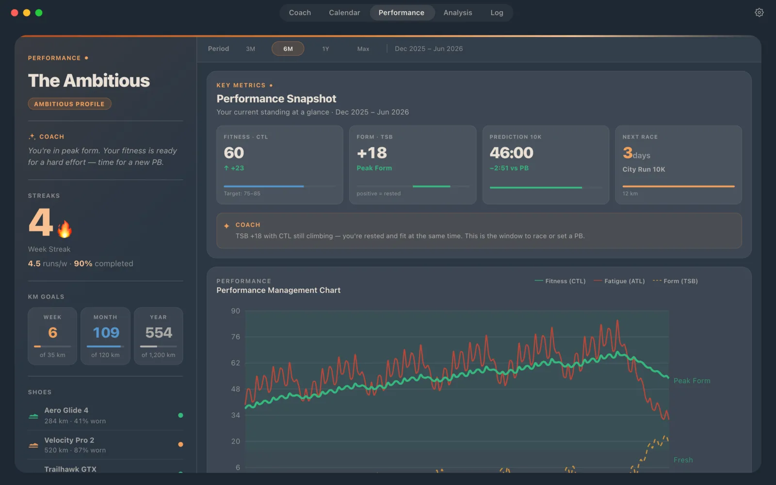 Runnerd on macOS: performance management chart with fitness (CTL), fatigue (ATL) and form (TSB)
