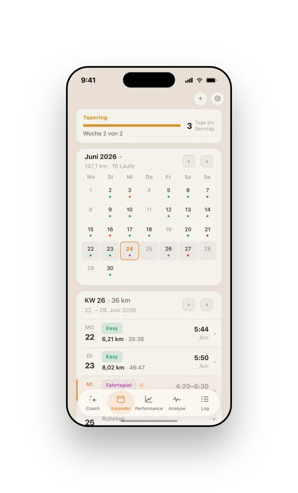 Runnerd Kalender auf dem iPhone: Trainingswoche mit geplanten Läufen
