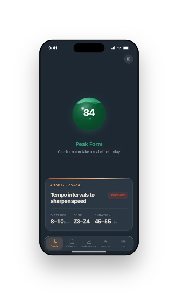 Runnerd Coach on iPhone: readiness score 84 and today’s recommendation