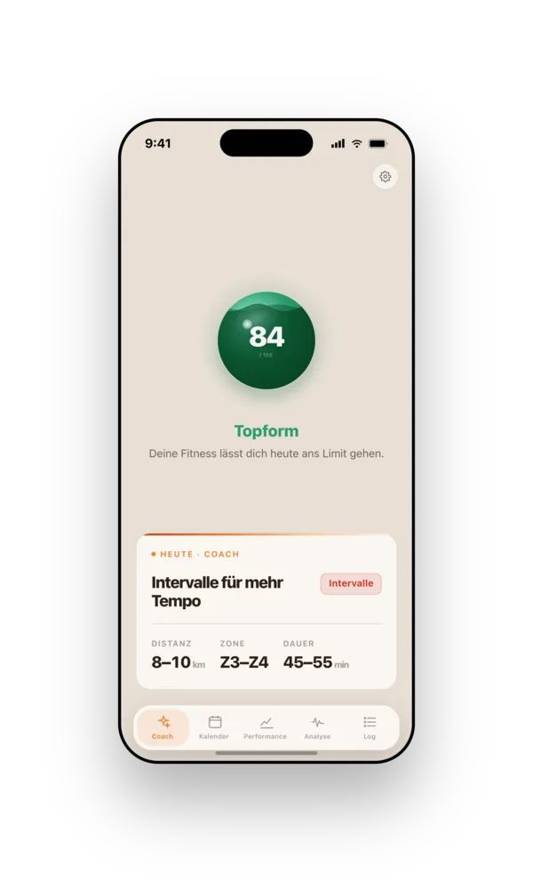 Runnerd Coach auf dem iPhone: Readiness Score 84 und Tagesempfehlung