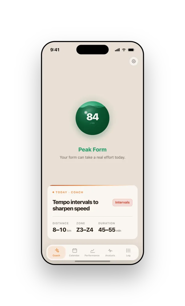 Runnerd Coach on iPhone: readiness score 84 and today’s recommendation