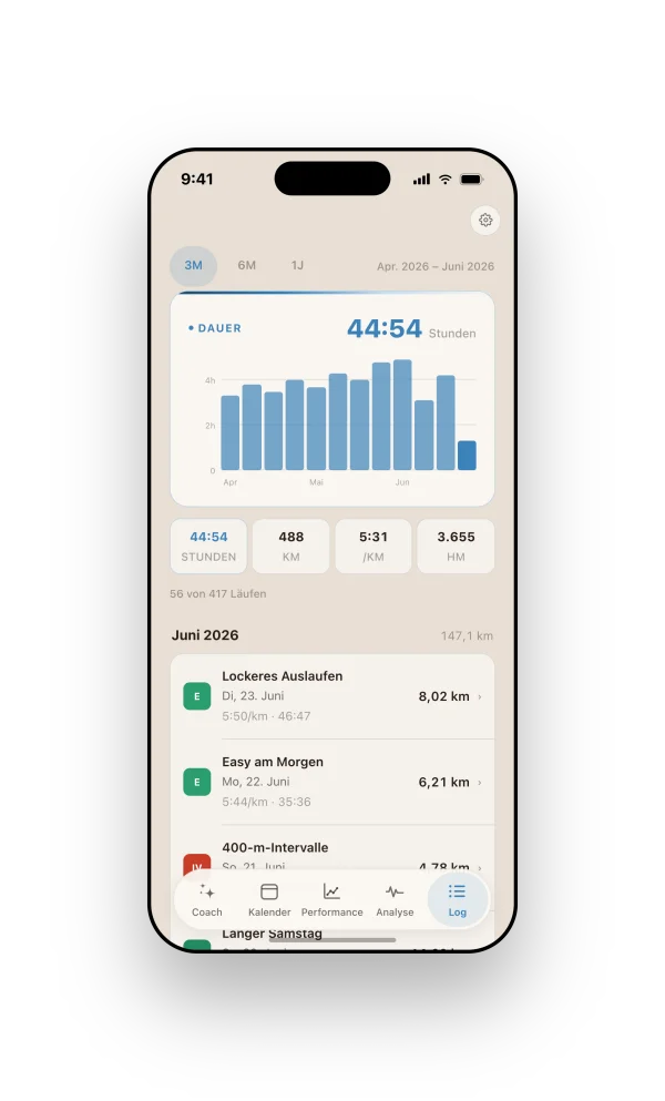 Runnerd Log auf dem iPhone: Laufhistorie mit erkannten Lauftypen