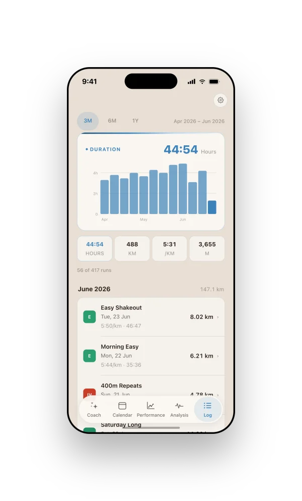 Runnerd log on iPhone: run history with detected run types