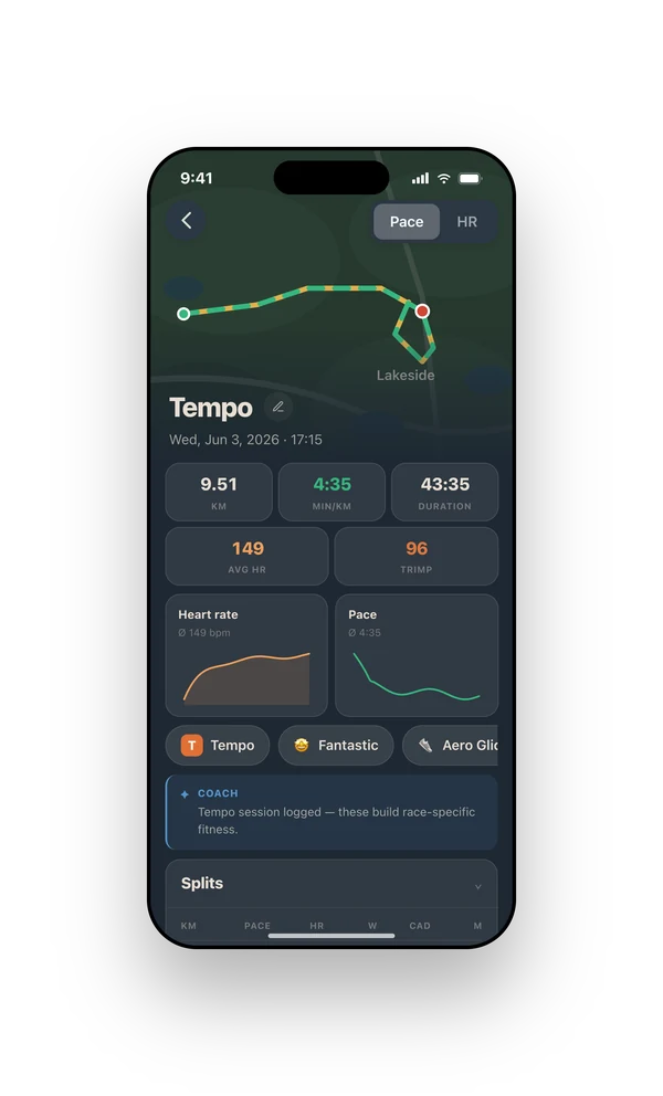 Runnerd on iPhone: a single run with map, splits and heart rate zones
