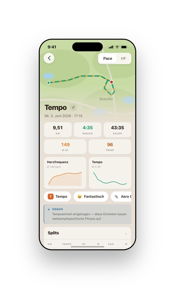 Runnerd auf dem iPhone: einzelner Lauf mit Karte, Splits und Herzfrequenzzonen