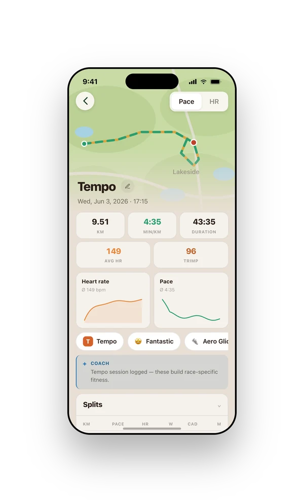 Runnerd on iPhone: a single run with map, splits and heart rate zones